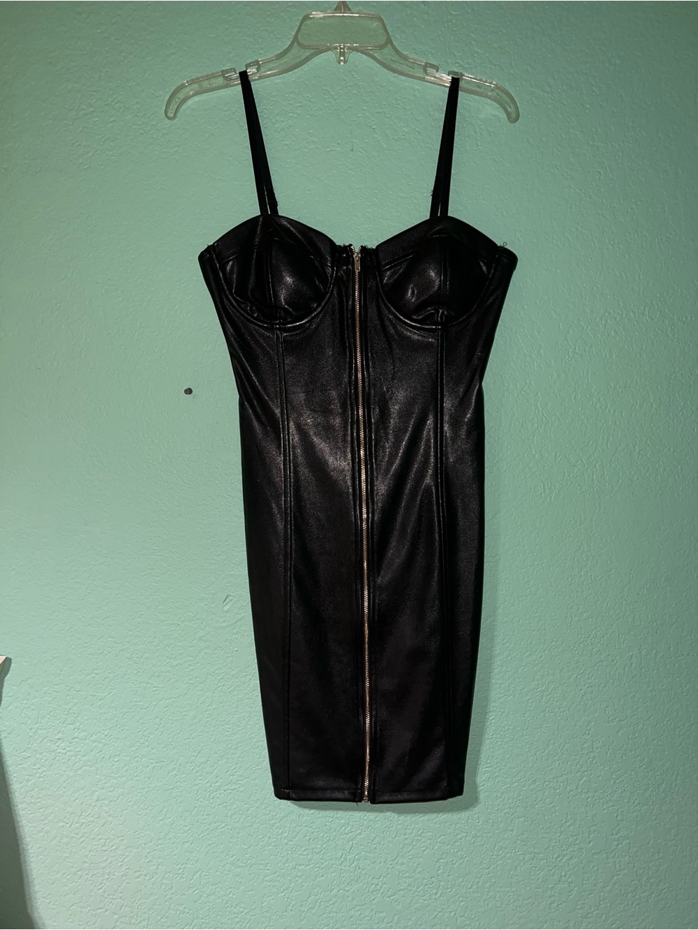 Haute Monde Black Faux Leather Bustier Mini Dress with Front Zip